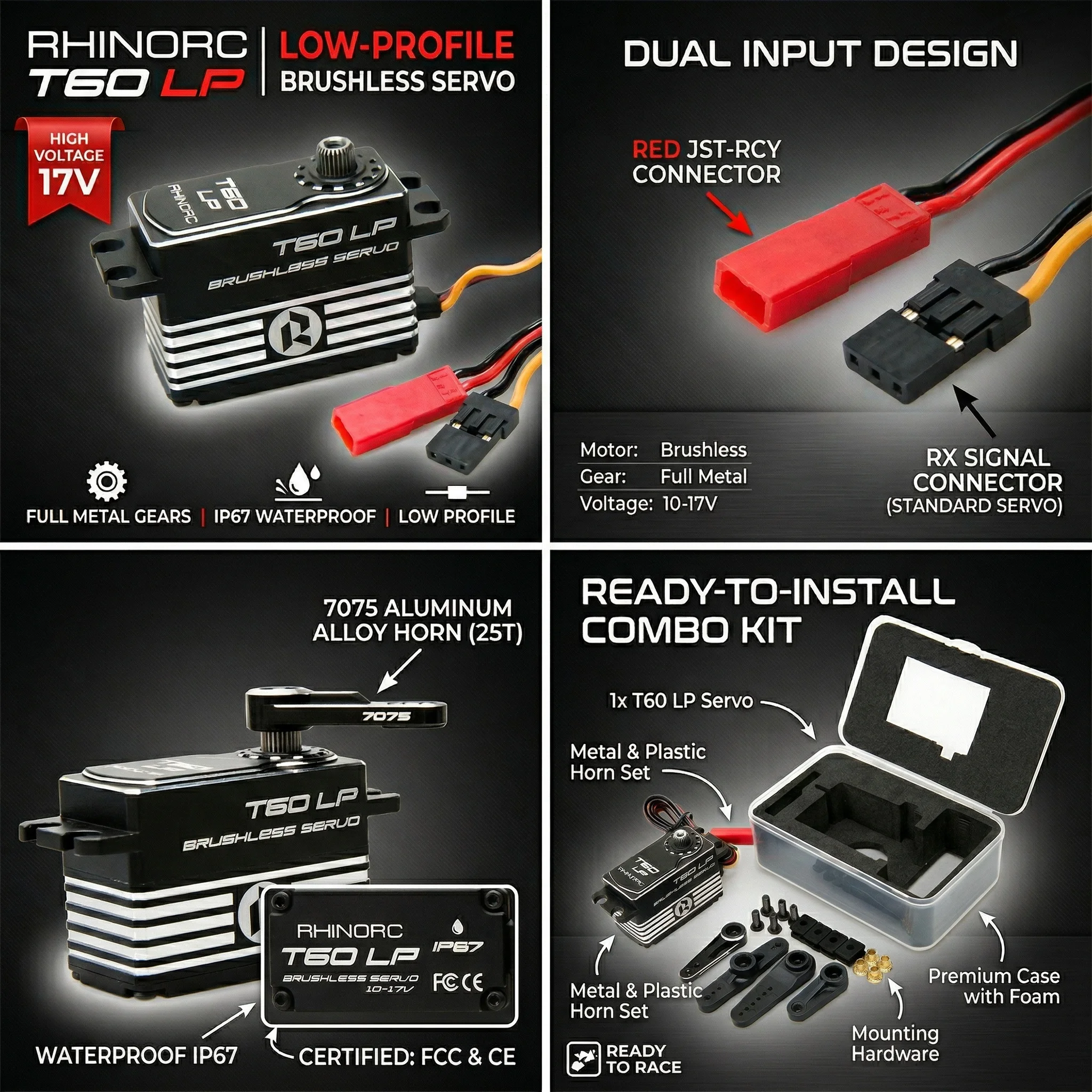 RhinoRC T60LP Smart Low-Profile Brushless Servo Direct Power 17V 66KG High-Torque for RC Models - Direct Drive Technology