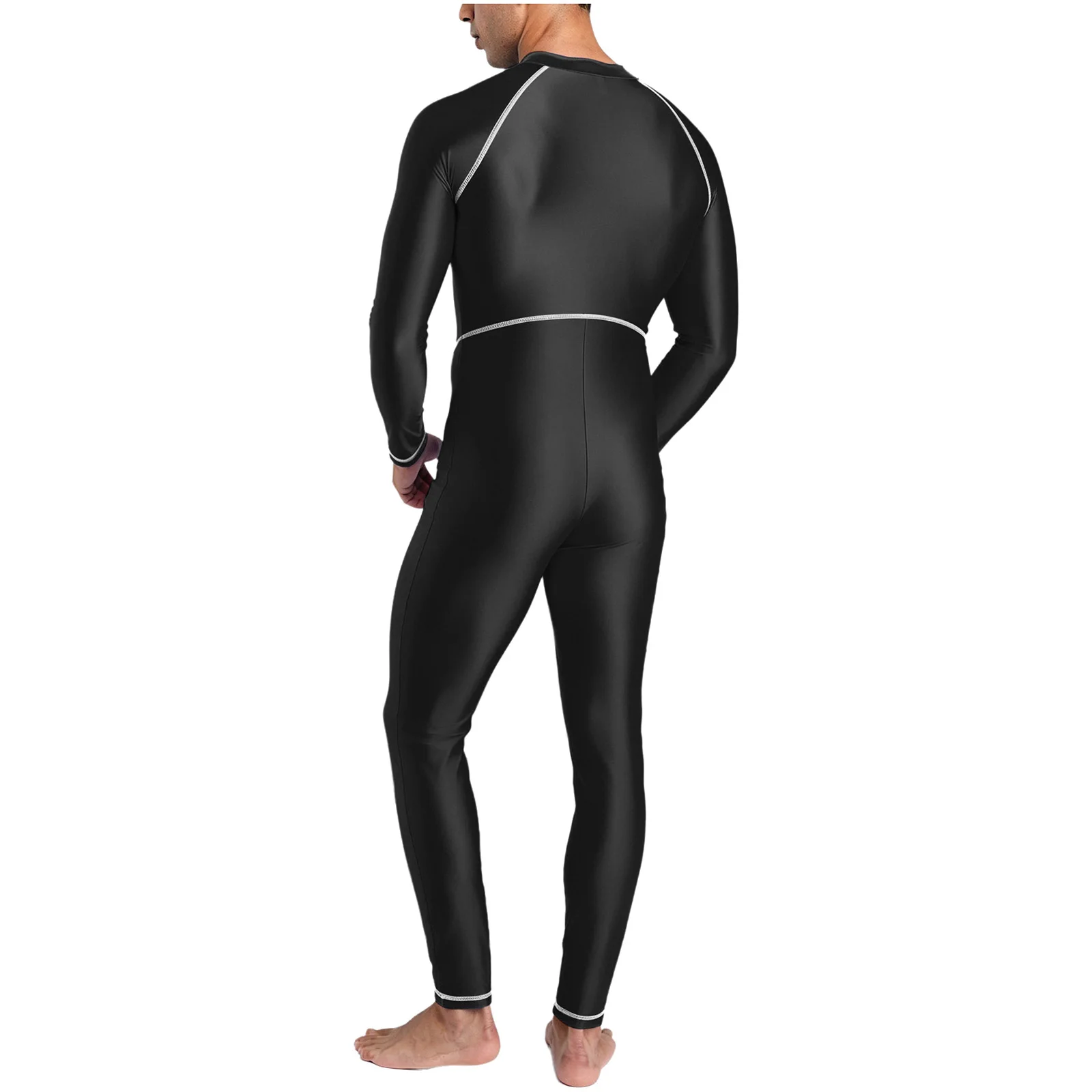 Herren-Rashguard-Badeanzug mit Vollkörperabdeckung, Stehkragen, langen Ärmeln, langen Hosen, glänzender Einteiler-Badeanzug – Detail 7
