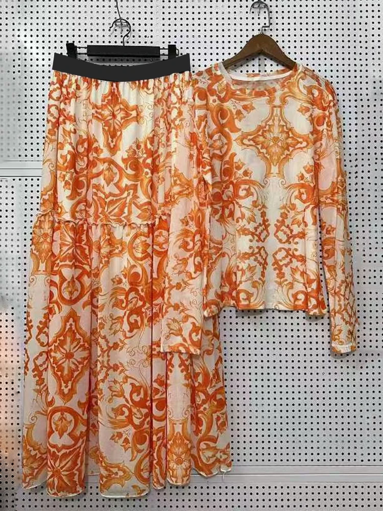 2026 Spring Women's Clothing Retro Geometric Print Knitted Mesh T-shirt Two-piece Set + Loose Large Size Skirt Fashion Suit