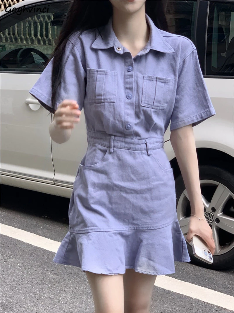 S-4XL Purple Denim Mini Trumpet Dresses Women Korean Preppy Style Sweet Fashion Simple Chic Ulzzang Summer Young Girls All-match