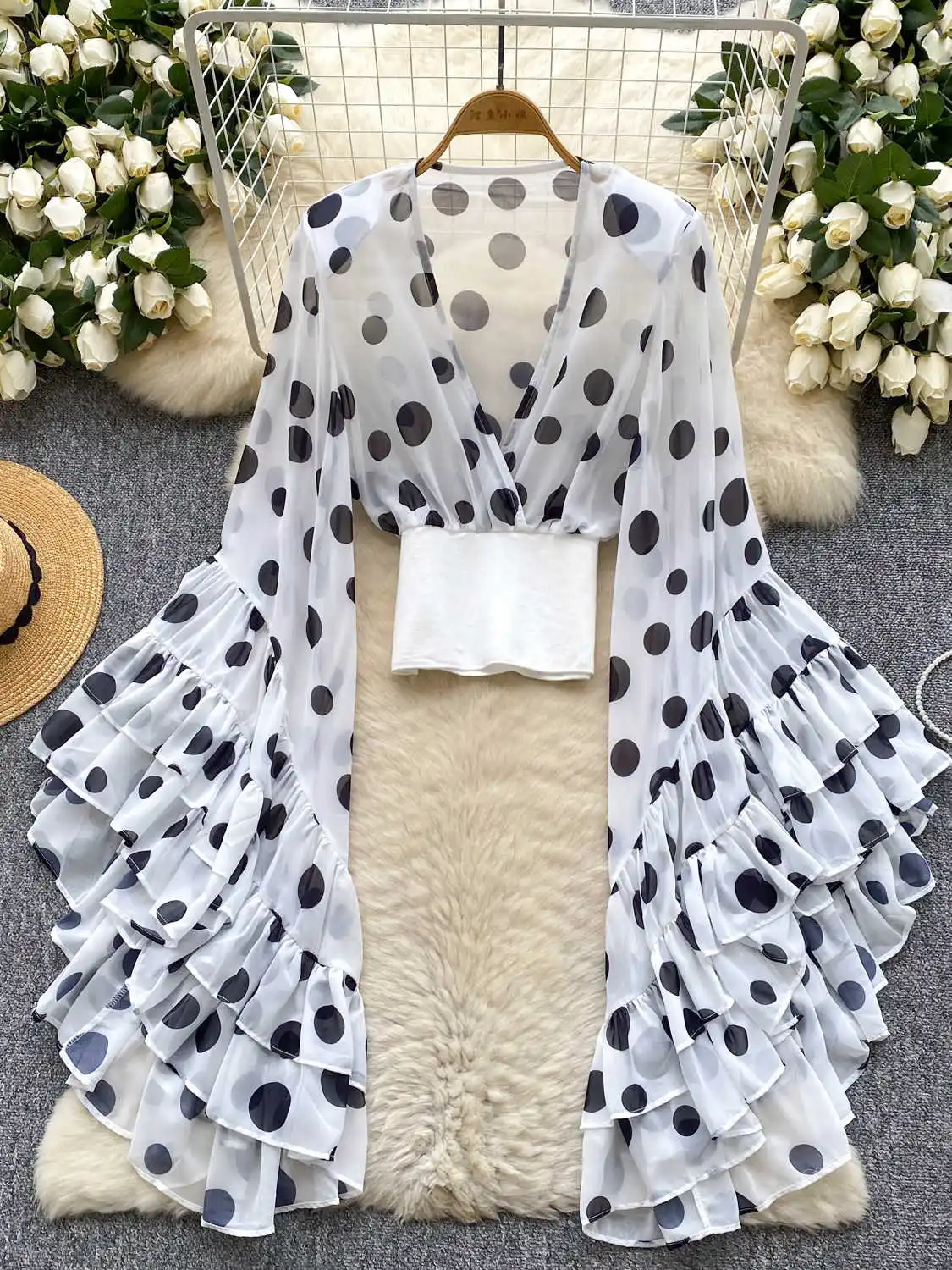 

Women's White Polka Dot Chiffon Shirts and Blouses Vintage Y2k Aesthetic 2000s Long Sleeve Deep V Shirt Fashion Oversize Clothes