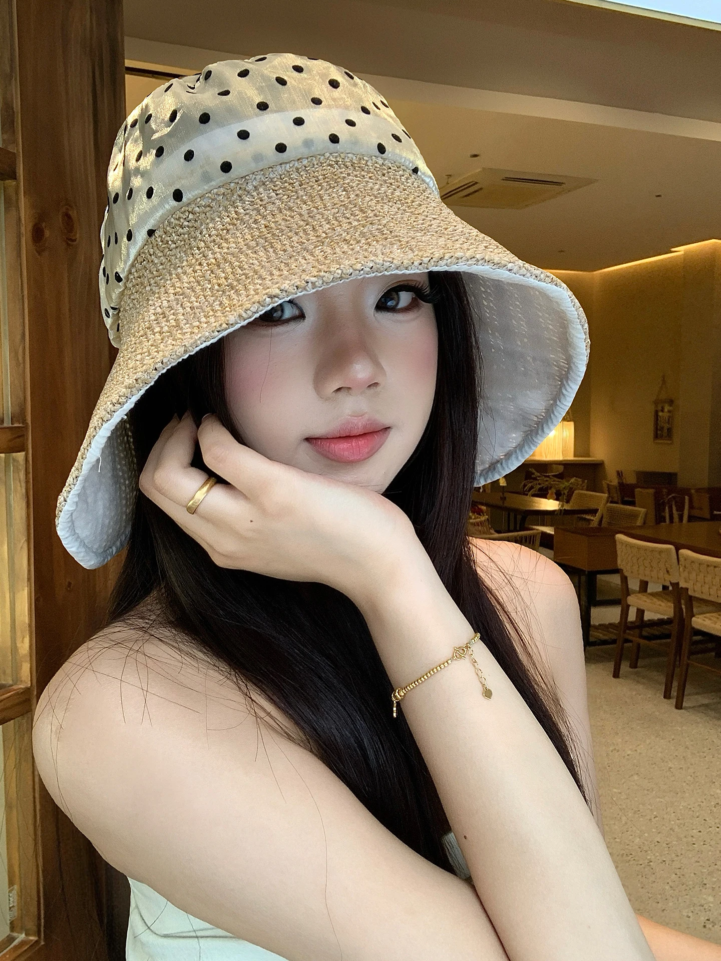 Retro Polka Dot Woven Splicing Fisherman Hat Women's Summer Thin Outdoor Wide Brim Face Slimming Sun Protection Hat