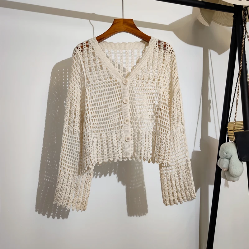 Sheer Crochet Top Button Front V-Neck Long Sleeve Open-knit Embroidery Crop Cardigan Women Summer Boho Vacation Outfit