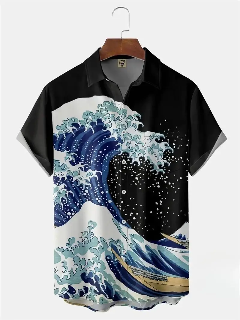

New Hawaiian Shirts for Mens Short Sleeve Tops Japanese Style 3D Print Ukiyoe Wave Graphic Clothes Summer Streetwear Male Shirts