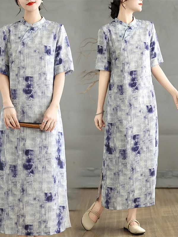 

Новый китайский костюм для чая Sle Dr, полуоткрытый круглый воротник, национальный принт Sle, художественная длинная юбка, прямая трубка, весна...