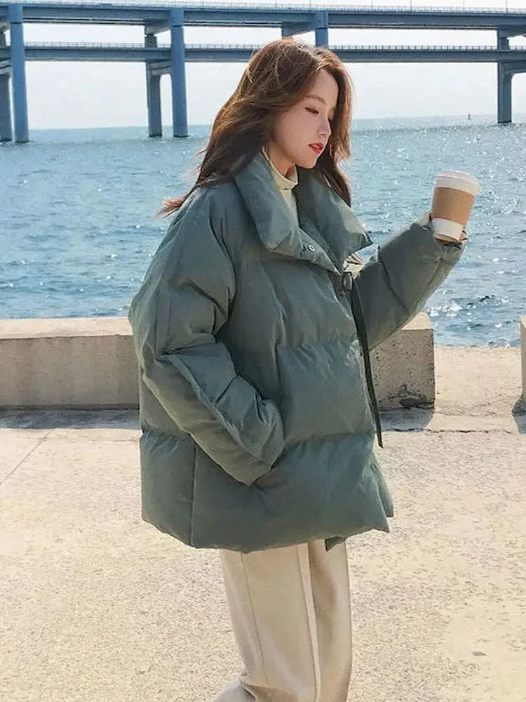 

Foufurieux Autumn Winter Jacket Women 2024 Streetwear Cotton Padded Coats Fashion Korean Loose Solid Stand Collar Causal Parkas