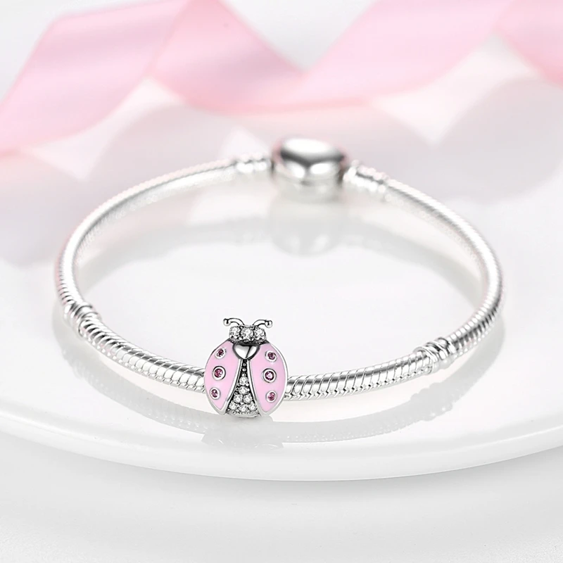 

925 Sterling Silver Charms Bead Zircon Pink Ladybug Dangle Fit Original Bracelet DIY Women Jewelry Gift