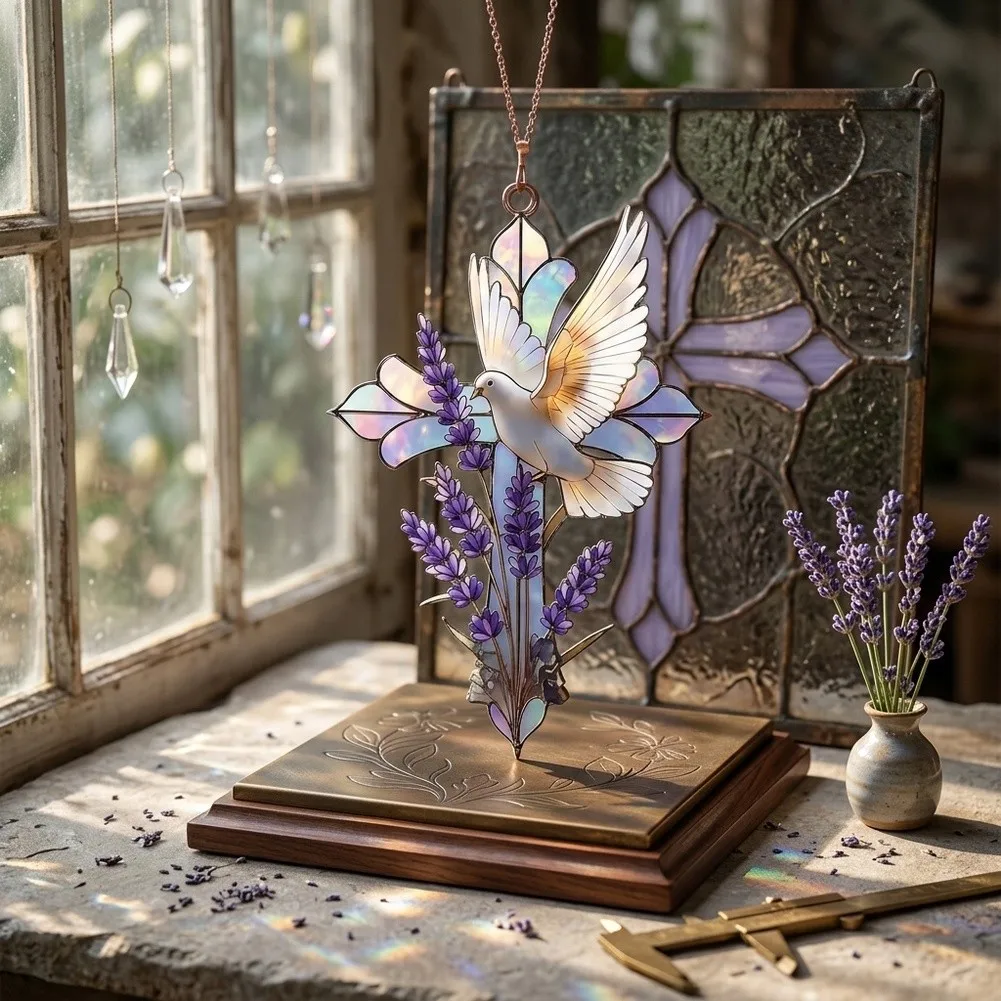 Stained Glass Hanging Ornament 20cm Multicolored with Lavender Petals and Balanced Christian Imagery for Decorative Use