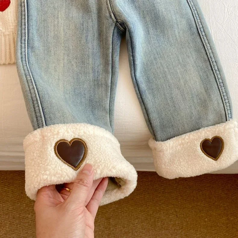 الفتيات الخريف الشتاء مستقيم الجينز الاطفال صوف مبطن بنطال ذو قصة أرجل واسعة القطن الخالص رشاقته الدافئة المتسكعون السراويل الاطفال الملابس