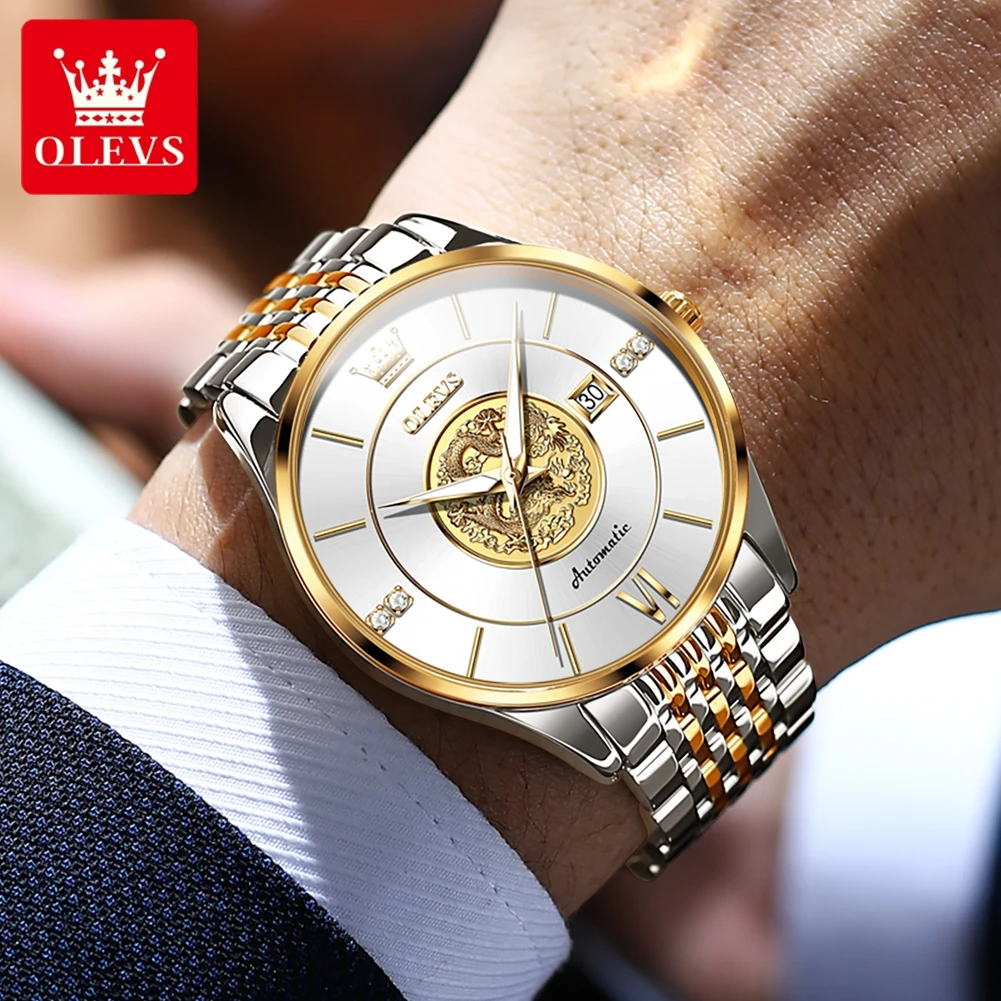 OLEVS 6693 Top Brand Dragon Mechanical Watch For Men Waterproof Automatic Dress Wrist Watches 42.5mm Big Dial Calendar Man Watch