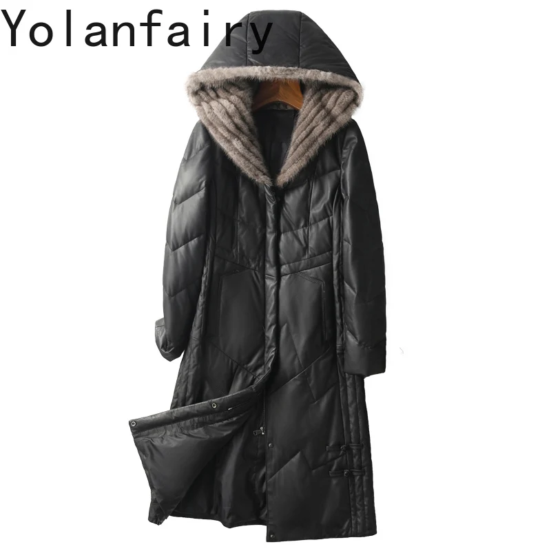 Manteau en duvet de canard blanc avec capuche en fourrure de vison pour femme, veste en cuir véritable, peau de mouton véritable, 100% duvet long, hiver