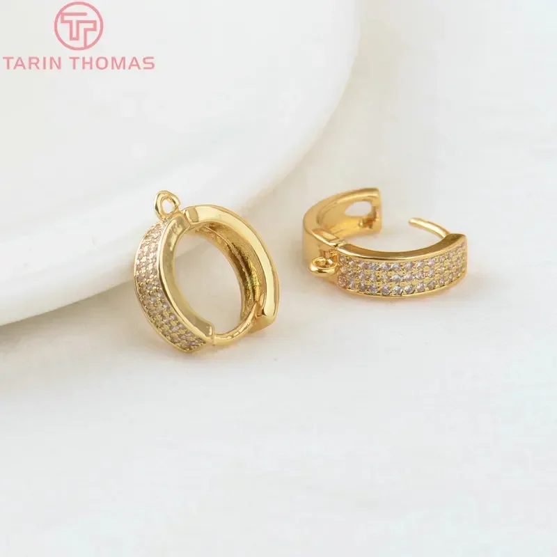 (2338)4PCS 15MM Hole 1.5MM 24K Gold Color Brass with Zircon Round Earrings Hoop Earring Clip High Quality Jewelry Making Finding