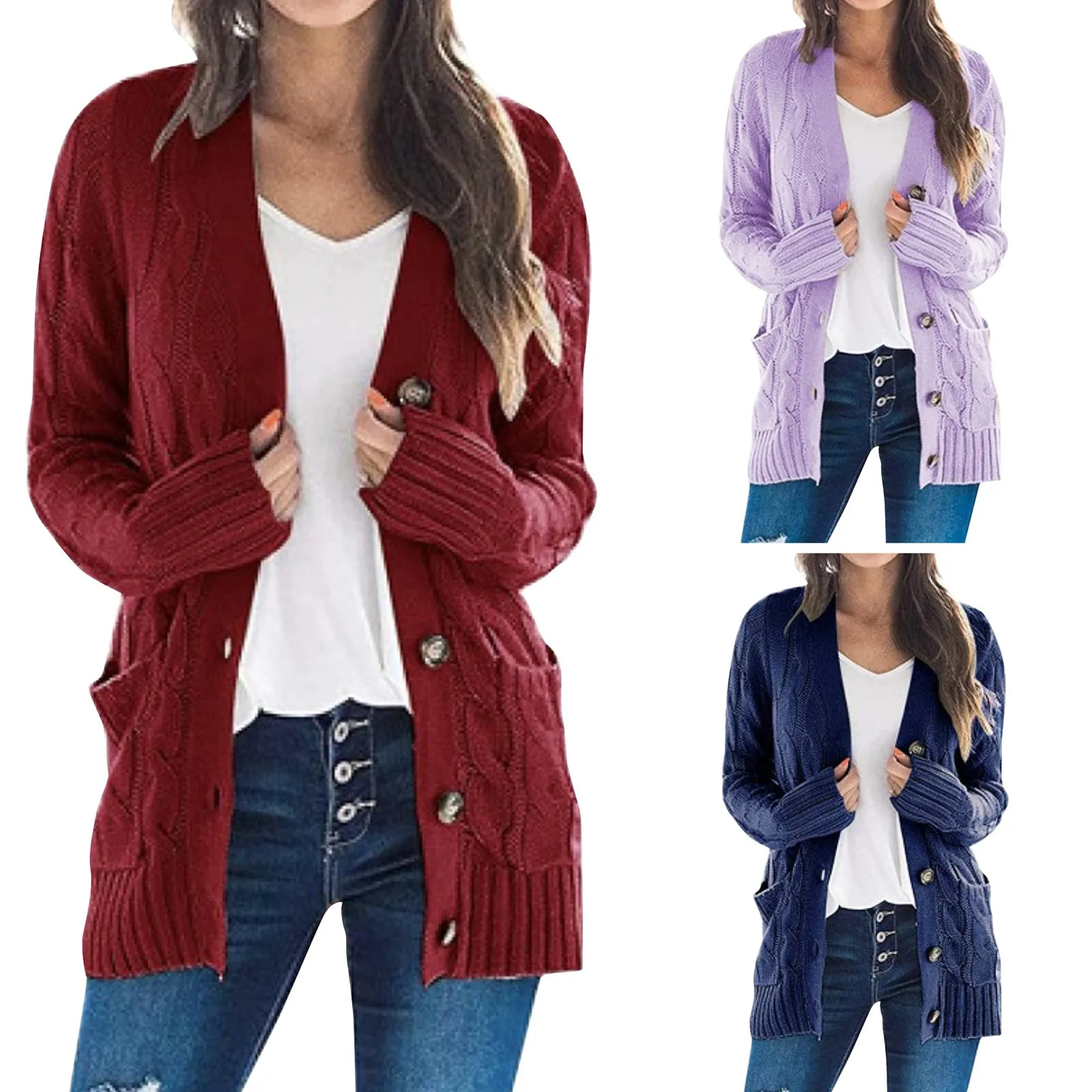 Women\'s Sweaters Button Down Long Sleeve Cable Twist Knit Sweaters Open Front Cardigan Button Loose Outerwear Coat with Pockets