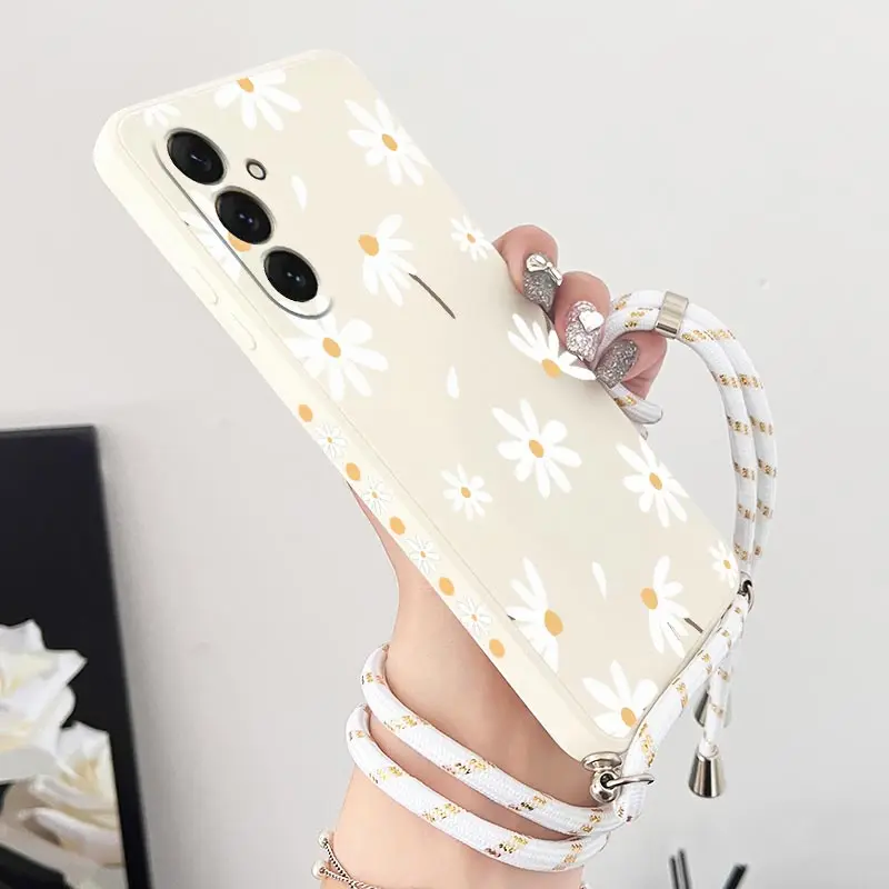 A55 Fallen Flowers Lanyard Silicone Phone Case For Samsung A55 A53 A54 A52S A50 A51 A71 A23 A32 A34 A72 A33 A73 A24 A31 Cover