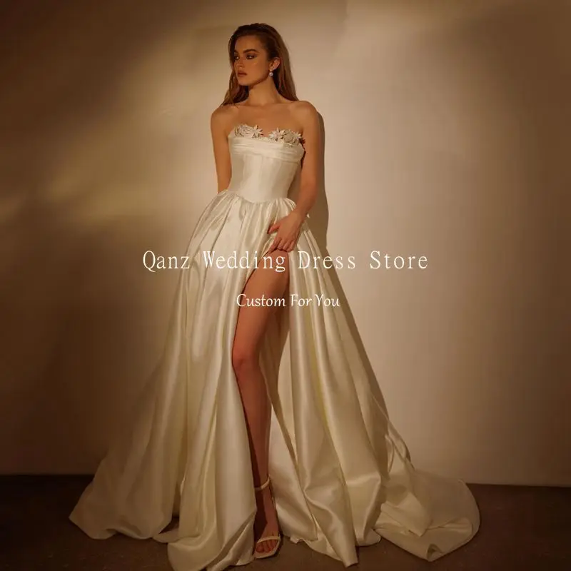 Qanz Sweetheart 3D Flowers Satin Wedding Dress High Slit Formal Customized A-line Bridal Gowns Vestidos Baratos Y Envío Gratis