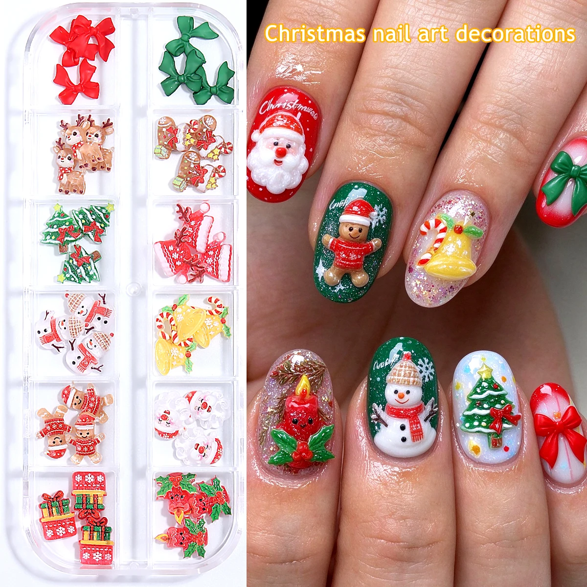 Christmas 3D Nail Charms Resin Nail Decorate Santa Snowman Elk Xmas Tree Bow Bell Gift Box Winter Holiday DIY Nail Art Ornaments