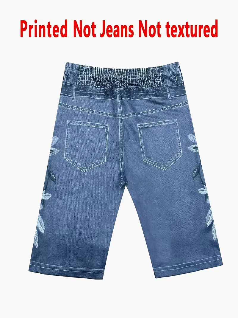 Bedruckte Leggings, Stoff ohne Denim, Caprihosen mit Scheintaschen- und Knopfdruck, hochelastische neue Skinny-Hosen. – Detail 5