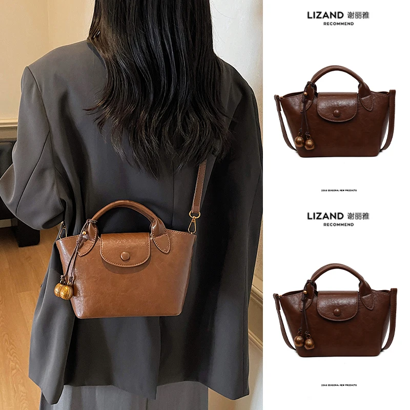 

Осень-зима, коричневая универсальная женская сумка через плечо, повседневная сумка с клецками, сумка на одно плечо, кожаный ремешок на молнии, Cl...