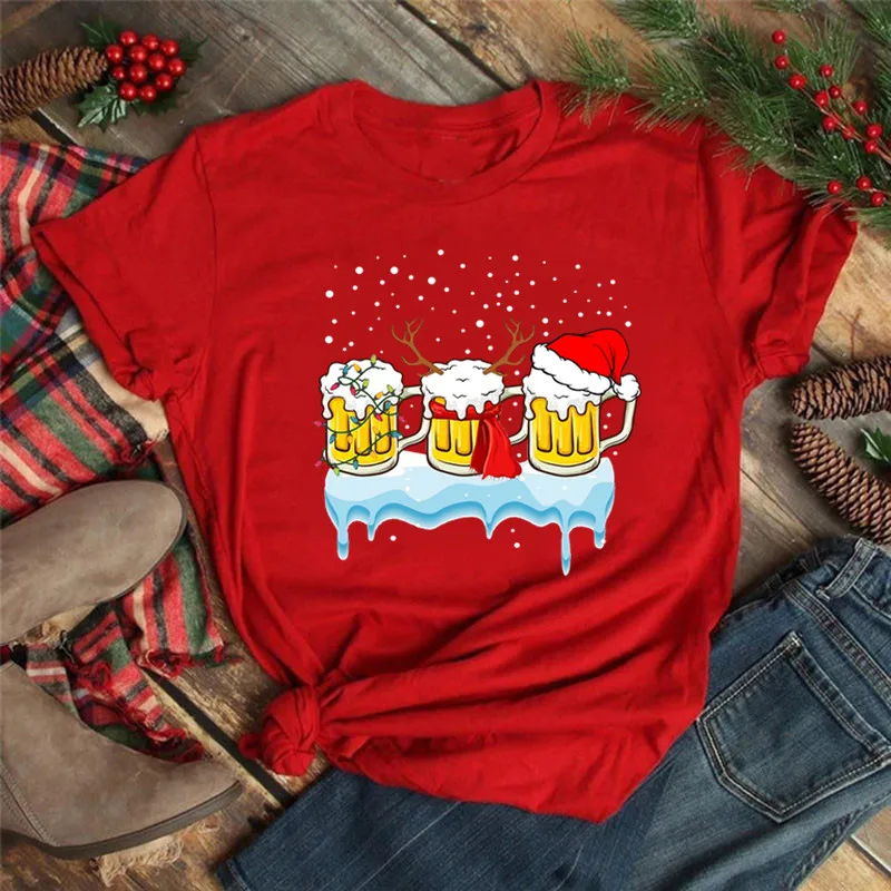 Cute Snow Man Graphic Tee Shirt Merry Christmas T Shirt New Women T-shirt Xmas T-shirt Casual Female Red T-shirts