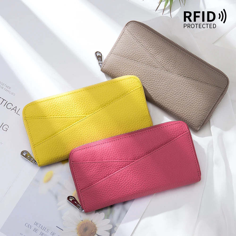 Genuine Leather Long Wallet Women's Large Capacity RFID Top Layer Cowhide Organ Card Bag Fashionable Hand Bag Mobile Phone Bag