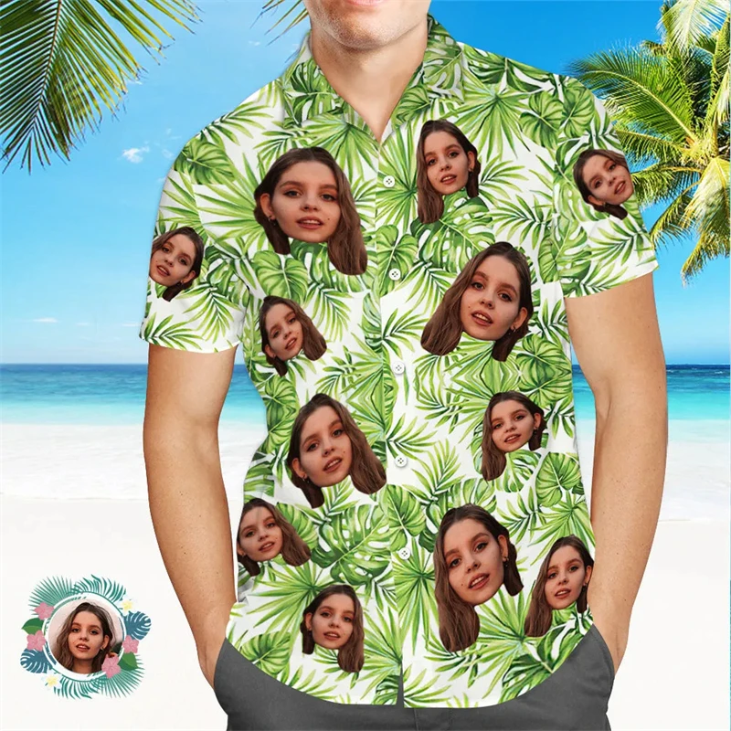 Custom Photo Hawaiian Shirts For Men Personalized Face Short Sleeve Button Shirt Tops 3d Printing Flower Tree Aloha Shirts
