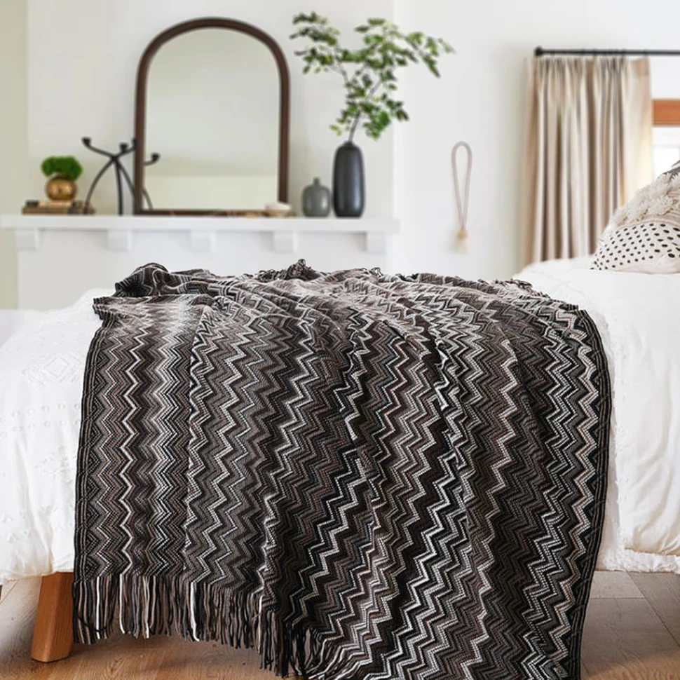 Battilo Boho Throw Blanket Lightweight Knit Throw With Tassels Bohemian Woven Sofa Blankets Soft Bed Plaid Decorative Blanket