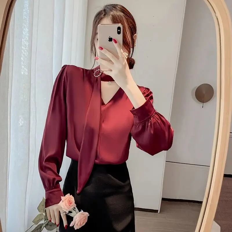 Ladies Elegant Solid Color V-neck Long Sleeve Blouse Women Clothing 2024 New Fashion Lacing Pullover Temperament Shirts Femme