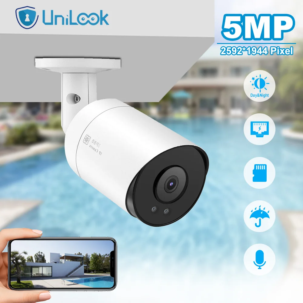 UnilLook 5MP Bullet IP Camera POE Built-in Microphone SD Card Slot IR 30m Video Surveillance Camera Outdoor Security  IP66 H.26