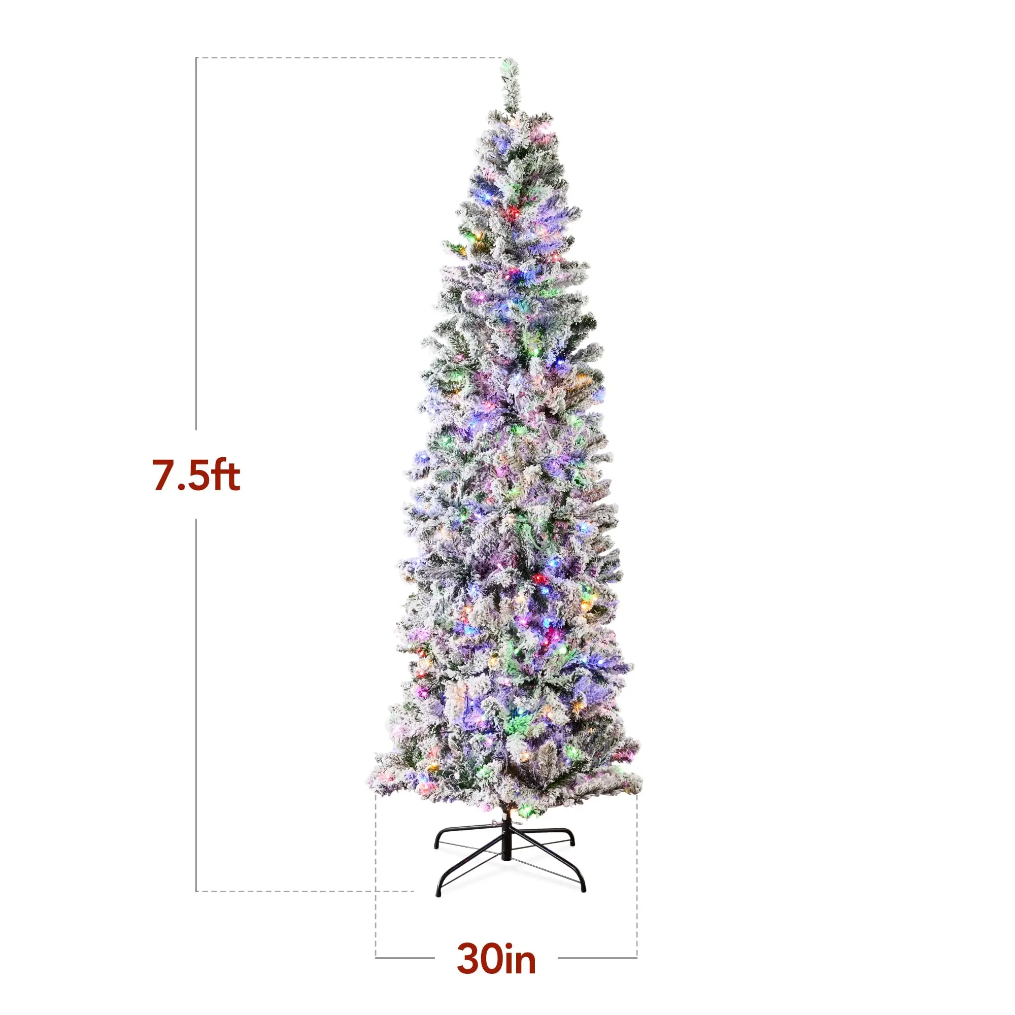 Flocked Pencil Christmas Tree, Pre-Lit Slim 7.5ft Artificial Holiday Decoration, 2-in-1 White & Multicolor Lights