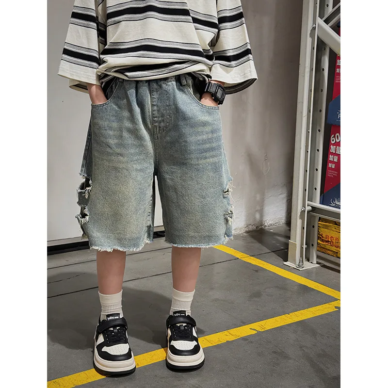 Children's Clothing Boys' Ripped Denim Shorts 2024 New Summer Clothes Children's Summer Thin Pirate Shorts Fifth Pants Fashion