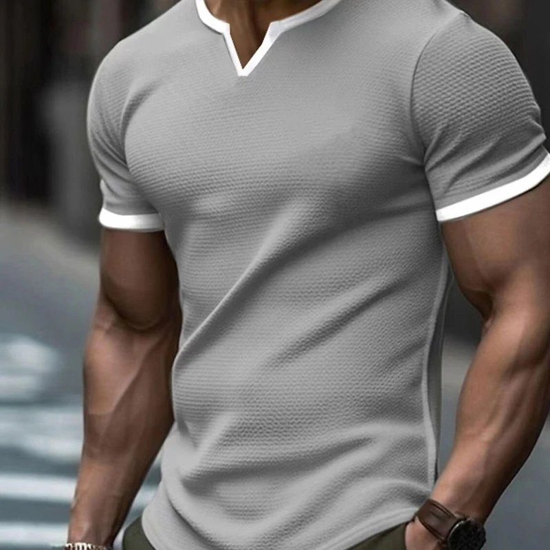 T-shirt à Manches Courtes et Col en V pour Homme, Vêtement Décontracté en Patchwork, Couleur Unie, Style Gaufré, pour Loisirs, Printemps et Été,