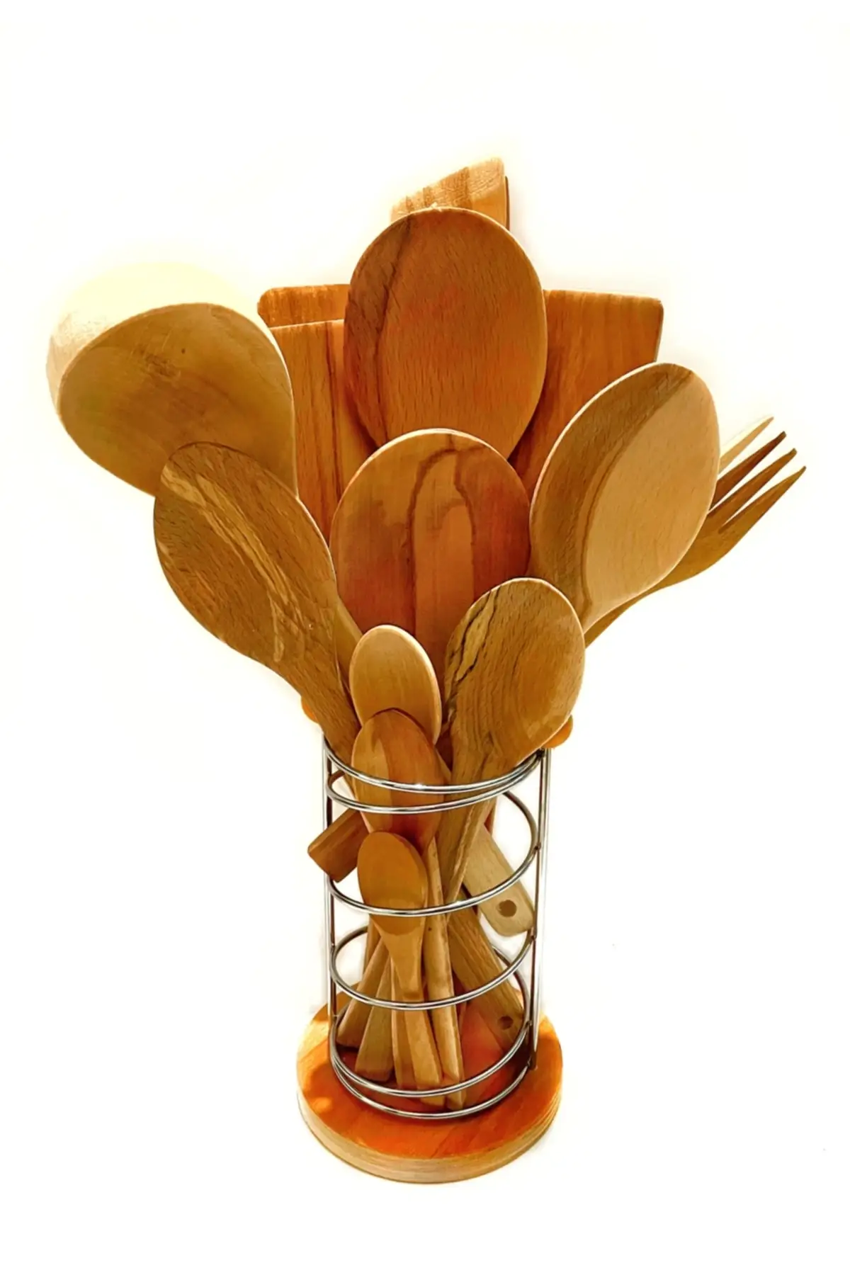 15 Parça Oil Self Beech Wooden Spoon Wooden Spatula Service Bucket Wood Fork Tongs Set-metal Standing