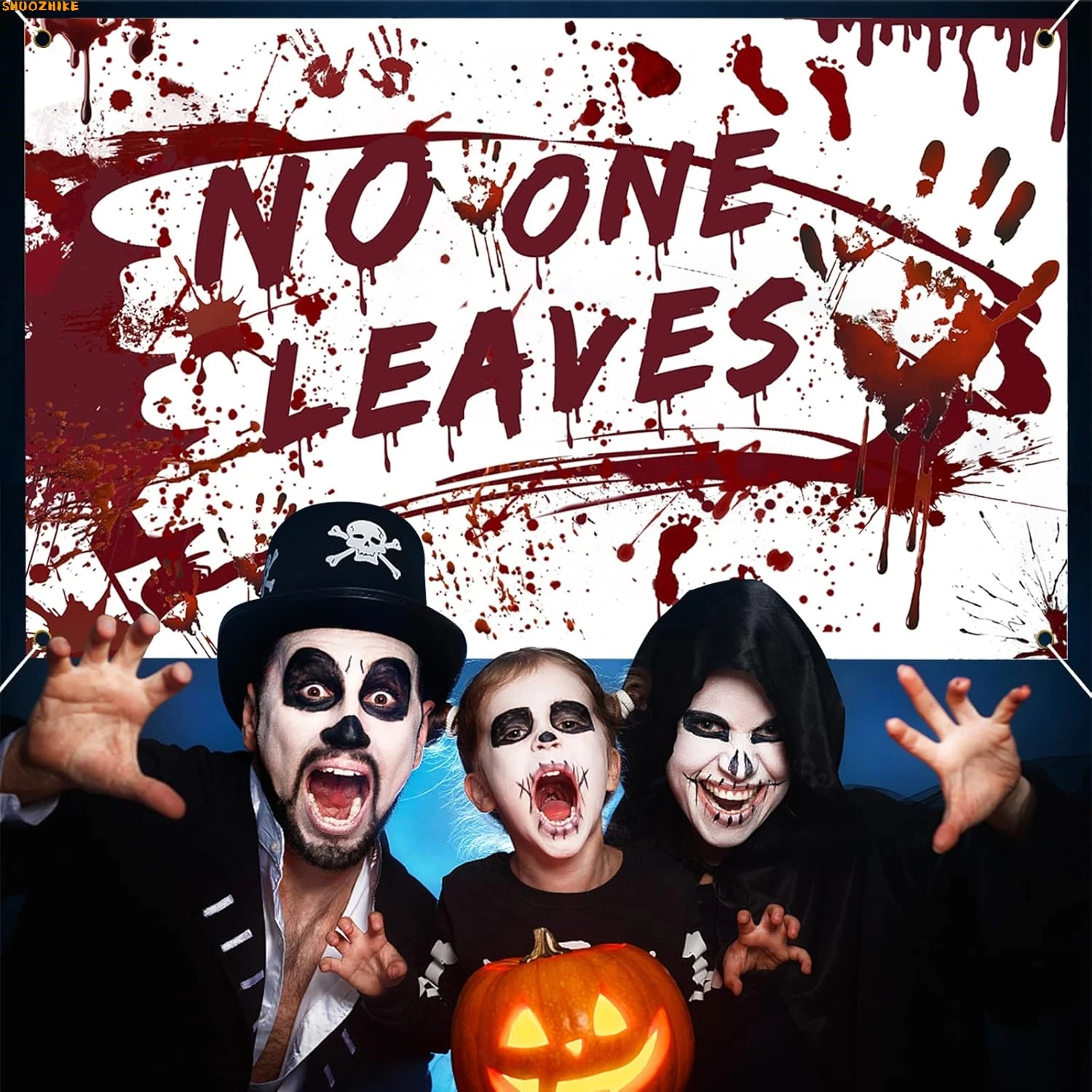 

Halloween Bloody Background No One leaves Terrifying Fingerprint Footprints Splashing Zombies Vampire Family Party Backdrop Prop