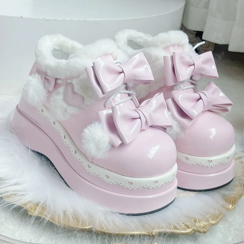 Lolita Original Height Increasing Thick Soled Winter Warm Snow Boots, Japanese Sweet Loli Tea Party Single Shoes