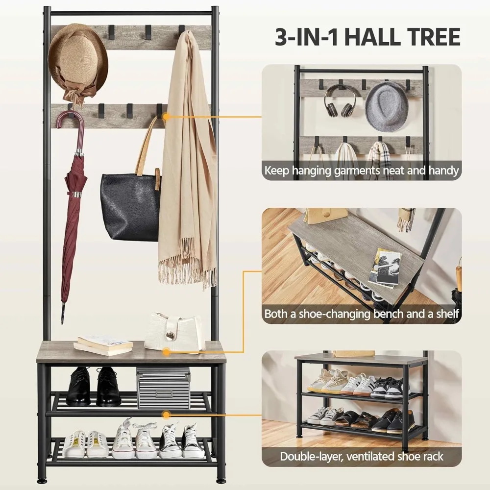 

Hanger, Lobby Tree with Shoe Bench, Entrance Shoe Storage with Hanger, 9 Activity Hooks, Industrial Entrance
