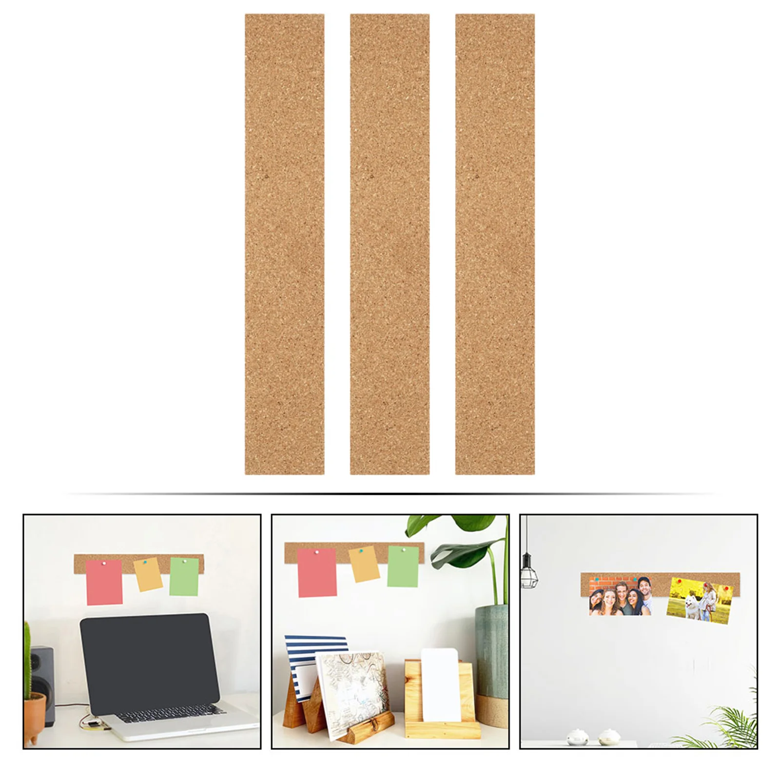 

3Pcs Cork Strip Brown Natural Wood Texture Frameless Memo Bulletin Board Strips Wall Pin Notice Strip Office Home Supplies