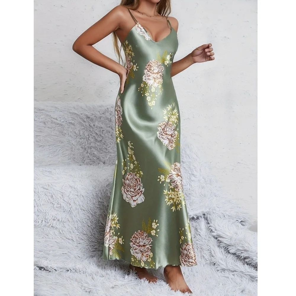 Elegant Sexy V-Neck Slip Nightgowns Floral Print Sleeveless Sleep Dresses Long Hem Silky Comfort Smooth Sleepwear Bedroom Relax