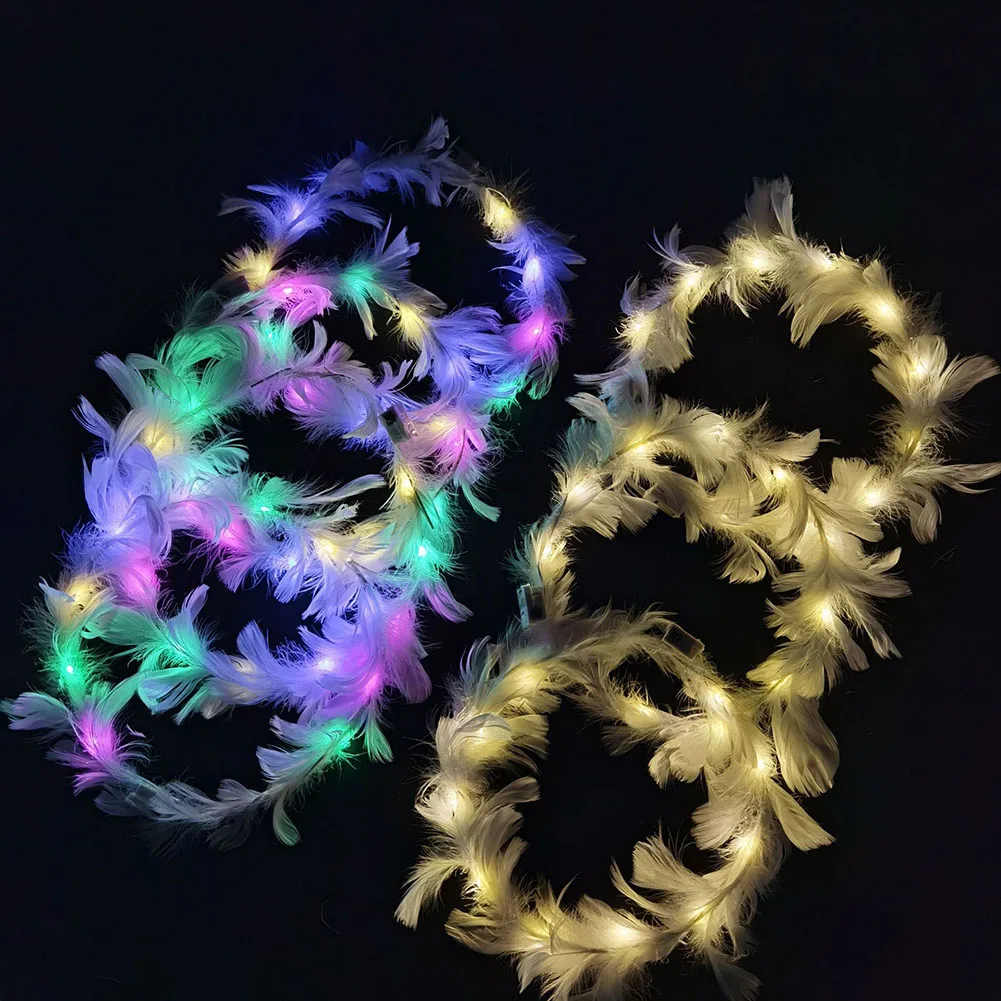 LED Feather Wreath Crown Headband,Light-Up Angel Halo Headband, Luminous Headdress for Women Girls Wedding Christmas Glow Party