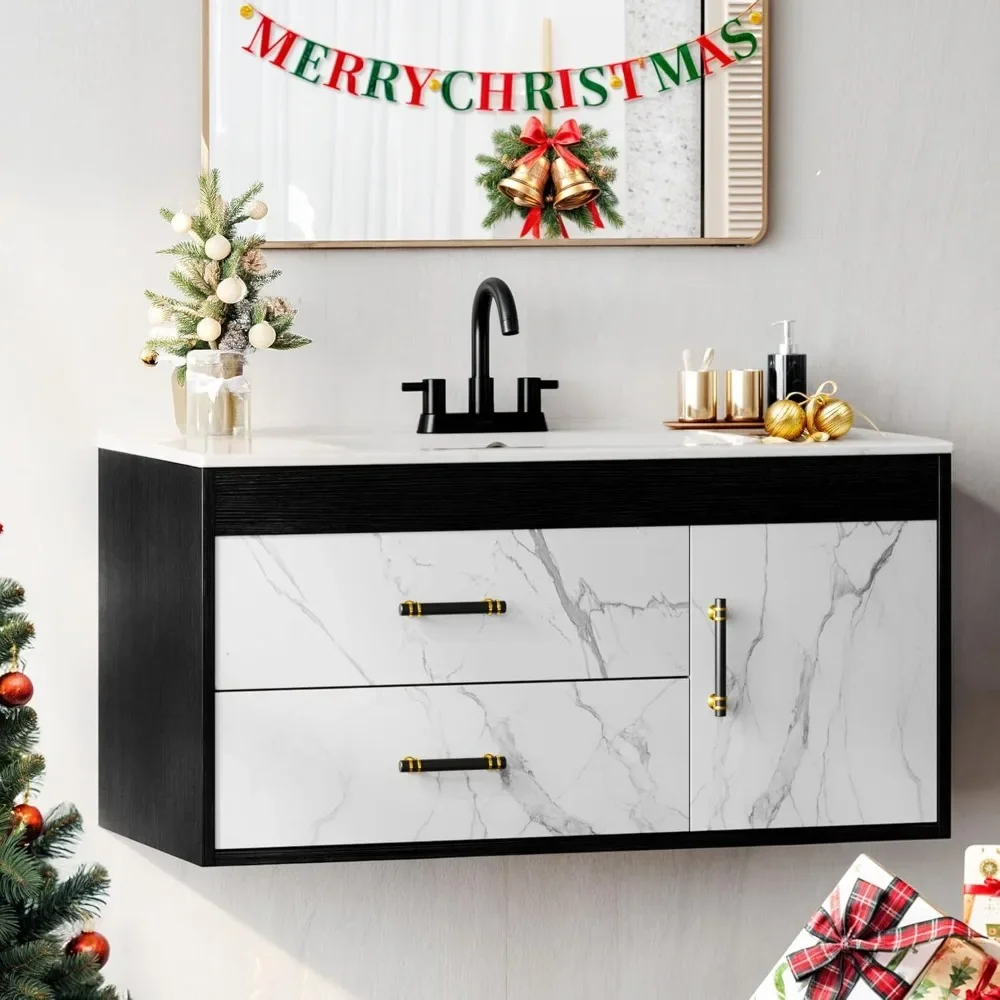 36 Inch Floating Bathroom Vanity with Sink, Wall Mounted Bathroom Vanity with Sintered Stone, 2 Drawers with Soft-Close