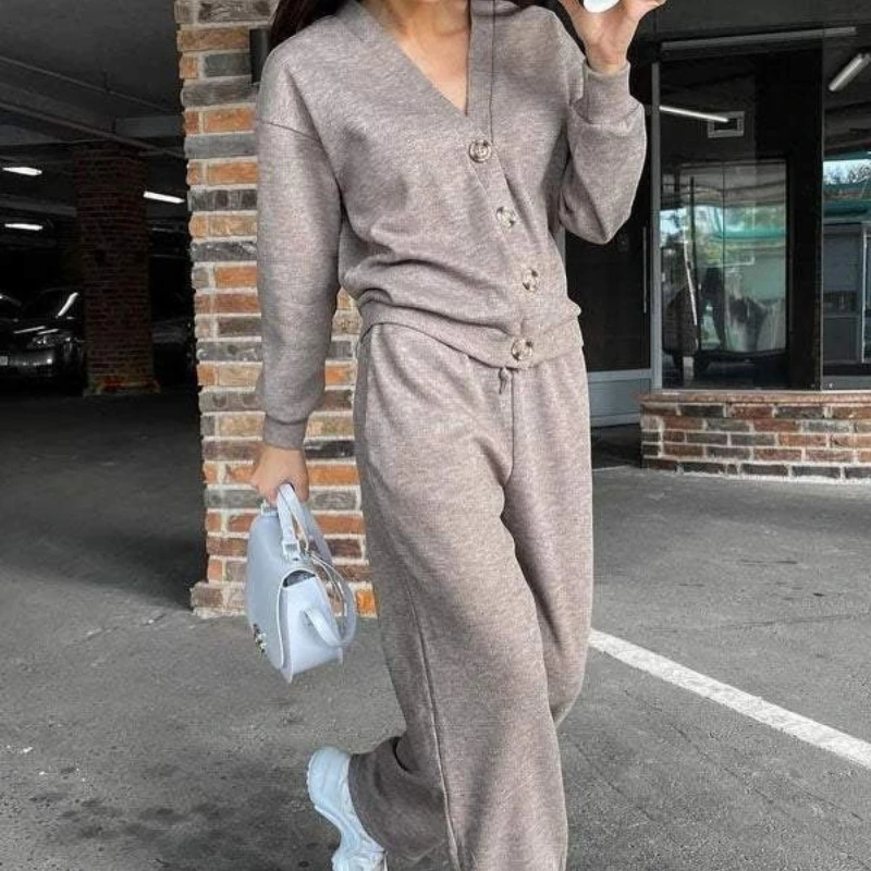 

Two Piece Sets Women Pant Set V Neck Matching Sets Spring Single Breasted Shirt Coats Wide Leg Long Pants Trousers High Waist