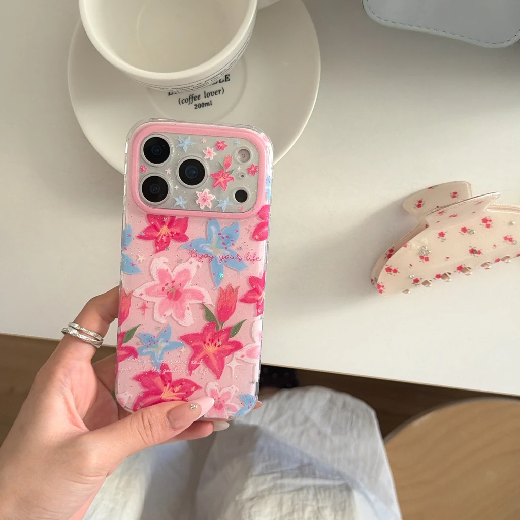 Spring Day Beautiful Pink Blue Lily Flowers Glitter Shockpro