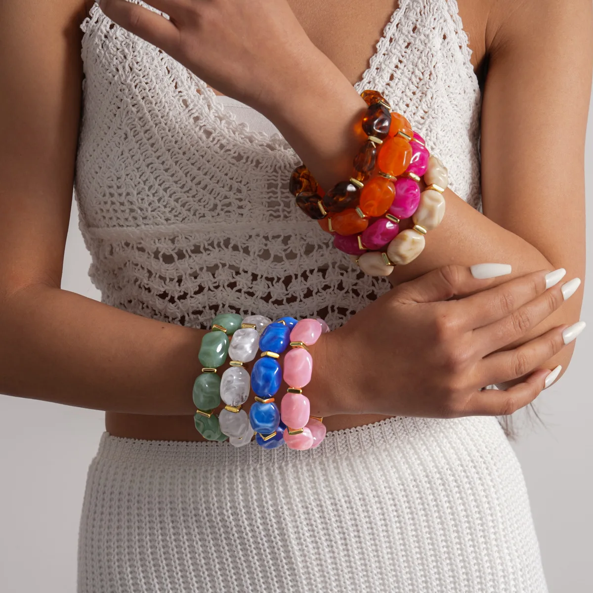 Acrylic Irregular Beads Stretchy Chain Bracelets Bangle for Women Resin Marbled Beaded Geometric Elastic Bracelet Couple Jewelry