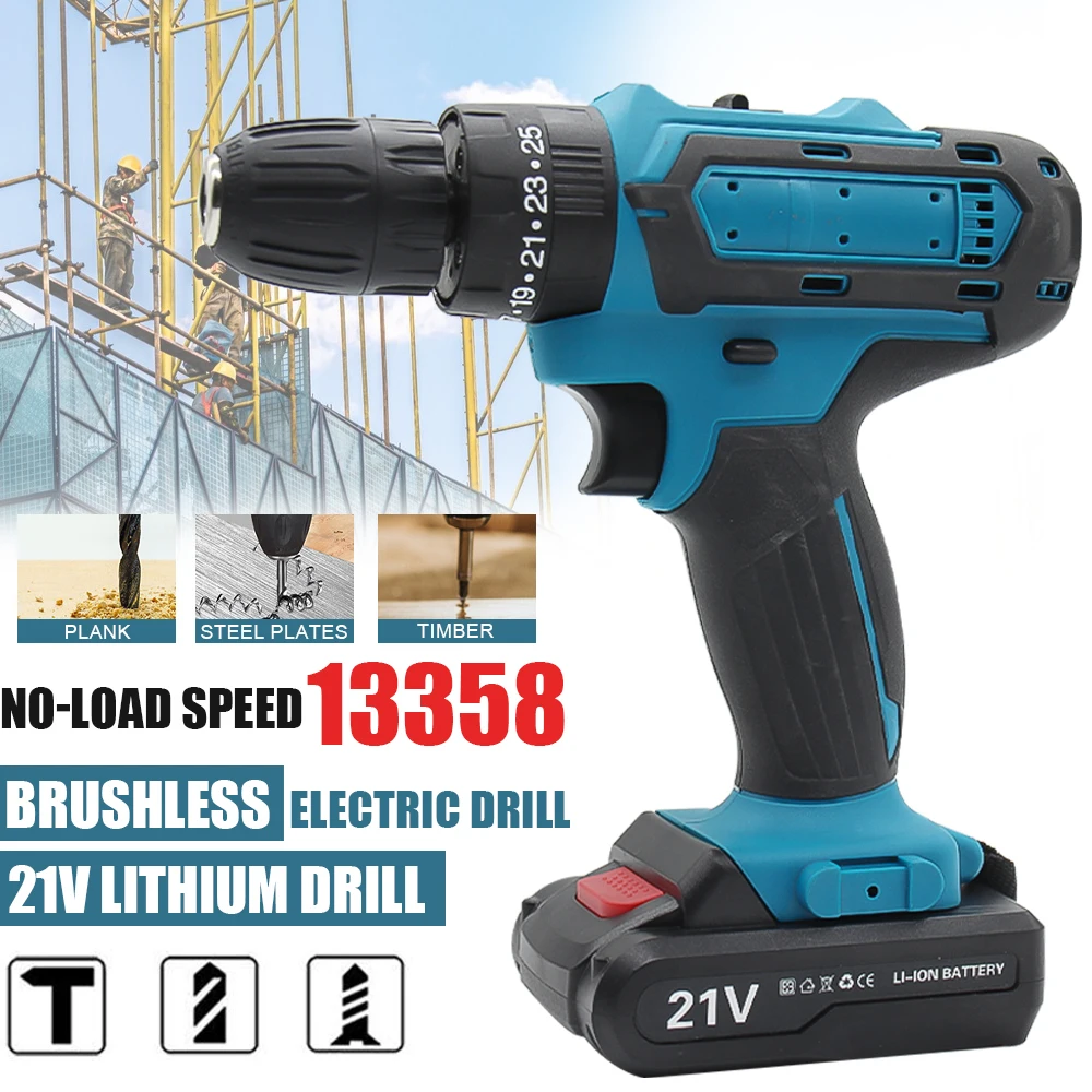 21V Cordless Handheld Impact Drill Electric Screwdriver Multifunction Power Tool Set with 2 Batteries