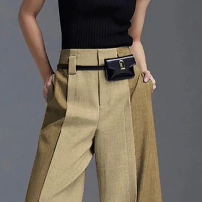 Beautyblue Women's Pants Khaki Wide Trousers New Casual Loose High Waist Split-Front Pocket Bottoms Solid Color Female Trousers