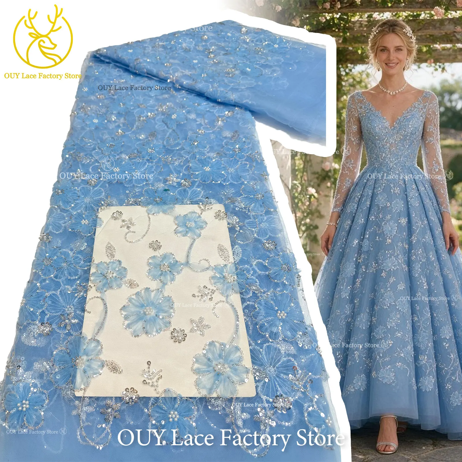 Elegant 3D Sheer Flower Mesh Lace Fabric Soft Blue African Sparkling Beaded Sequin Lace for Bridal Wedding and Evening Dresses