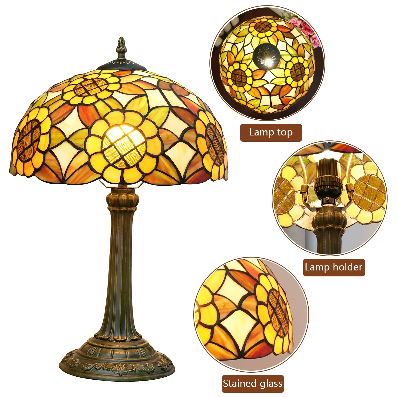 12inch Tiffany Stained Glass Desk Lamp for Bedroom Living Room Home Office Sunflower Vintage Table Lamp Lampara Escritorio