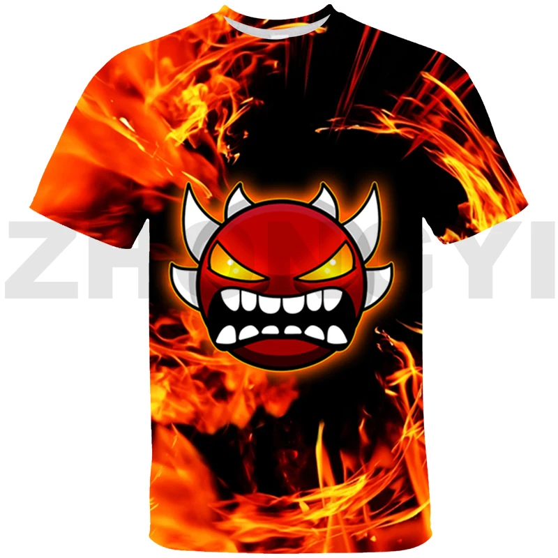 Summer Men Angry Geometry Dash Oversized T Shirt Harajuku Anime Tshirt Kids Boys Sport Short Sleeve Fashion Tees Tops Streetwear