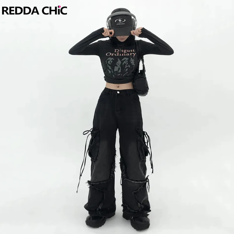 

ReddaChic Star Y2k Frayed Baggy Jeans Women Vintage Black Solid Patchwork Big Pockets Wide Leg Cargo Pants Acubi Fashion Clothes