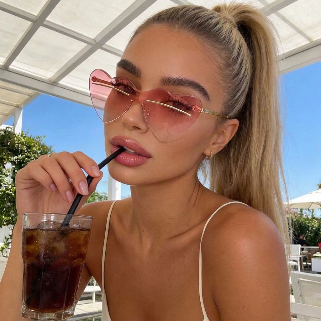Sweet Cool Heart Shaped Rimless Sunglasses, Metal Thin Frame, Personality Trend, UV400 Sun Protection Sunglasses 8301