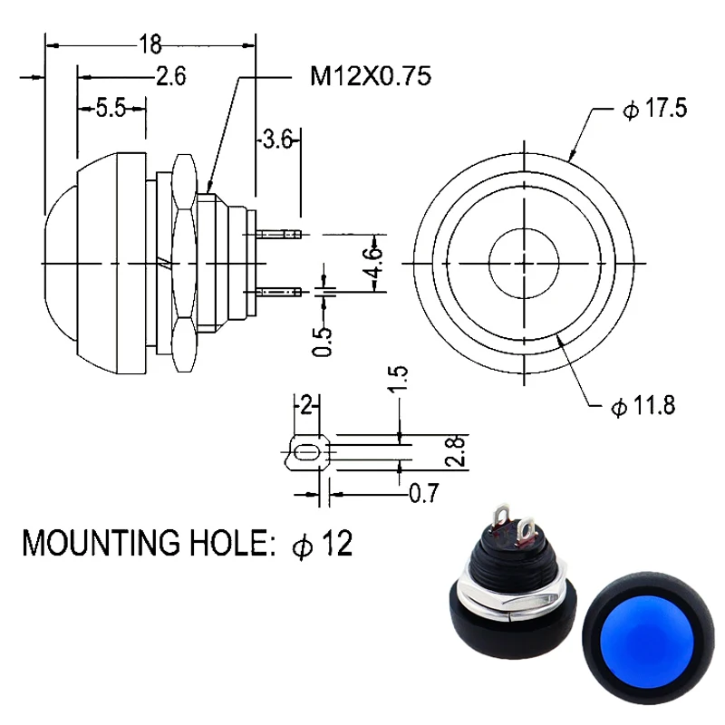 6Pcs PBS-33b 2Pin Mini Switch 12mm 12V 1A Waterproof momentary Push button Switch since the reset Non-locking